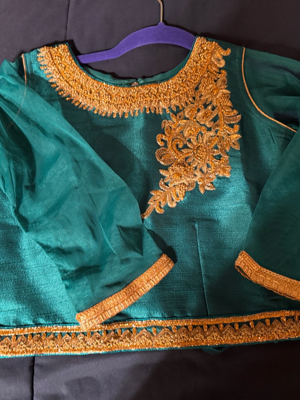 Embroidered Teal Women’s Dressy Top with Gold Appliqué